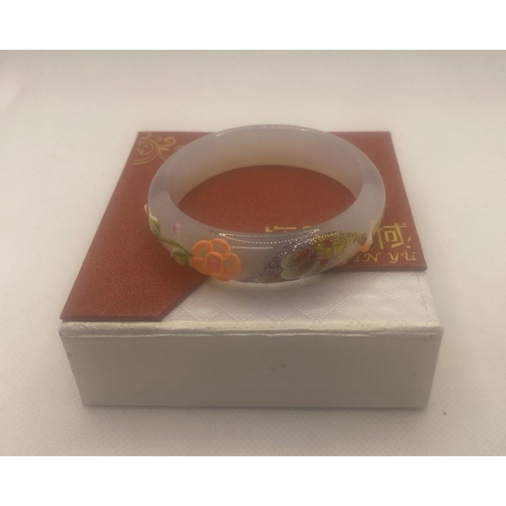 Agate Natural Hand Painted Peacock Bangle Bracelet -Small